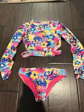 kidpik Girls Long-Sleeve Floral Rashguard Set - Pink, Blue, Yellow